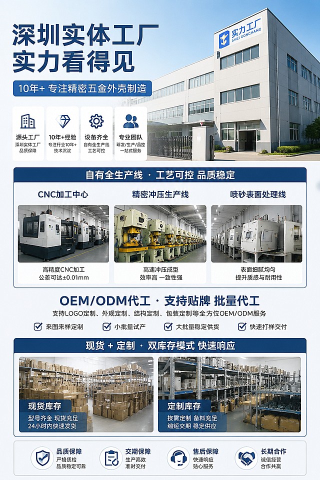 电商详情页第二屏，展示深圳实体工厂实力，10年+生产经验，自有CNC、冲压、喷砂全生产线，代工能力支持OEM贴牌批量代工，现货+定制双库存模式，工厂实力风，适配爱采购平台