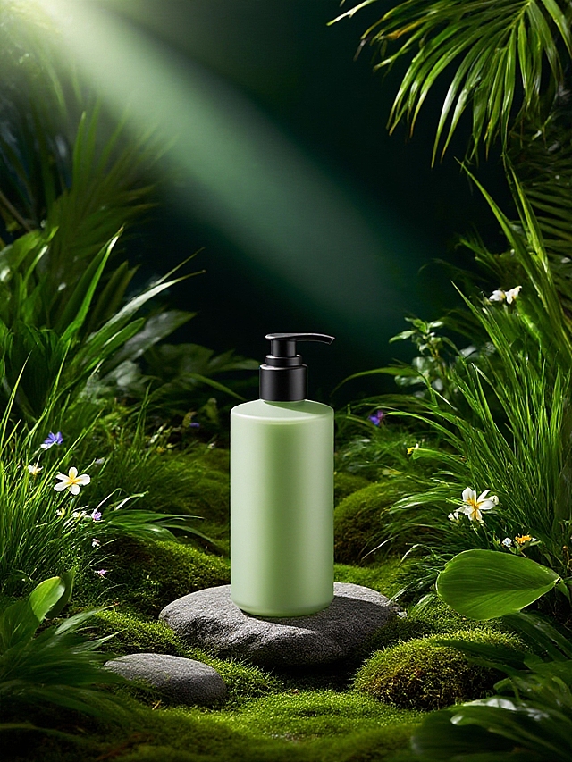 产品放置在充满热带植物气息的自然场景中，有翠绿的草、形态各异的叶片、点缀着小花，还有石块作为衬托，营造出静谧、天然的氛围 。背景采用带有光影效果的暗绿色调，模拟林间透过树叶的光线