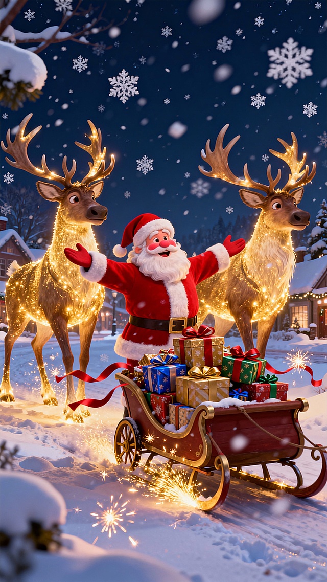 梦幻3D圣诞夜，鎏金鹿群拉雪橇，粒子光效闪耀，重拟物风格呈现温馨喜庆卡通场景。