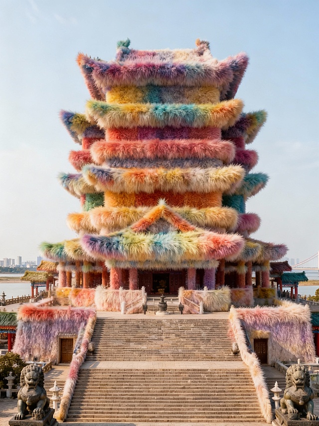 毛发生长风包裹的中式楼阁，彩虹色绒毛覆盖飞檐斗拱，国潮与超现实主义交织，喜庆梦幻中透出趣味感，虚拟现实般的重拟物设计，展现民族美学新表达。