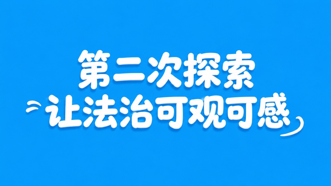 保留纯蓝色背景和原有的白色立体膨胀风格，将文字修改为“第二次探索 让法治可观可感”，保持上下两行排版：第一行“第二次探索”，第二行“让法治可观可感”预览效果