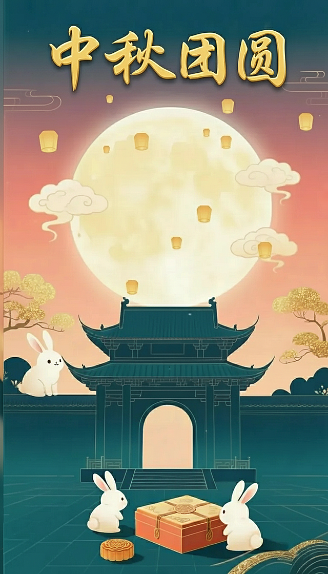 中秋节主题海报，画面中央是一轮明亮的圆月，周围点缀着几朵祥云，下方是传统的中式建筑剪影，地面上有一个精致的月饼礼盒，礼盒旁摆放着几盏古风灯笼，整体色调温暖，充满节日氛围，“中秋团圆”四个书法字位于海报上方