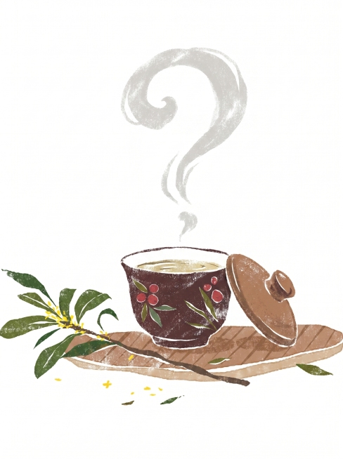 参考原图的蜡笔纹理插画风格，重新生成一个茶杯，茶杯盖子打开，杯口冒出一个问号造型的热气预览效果