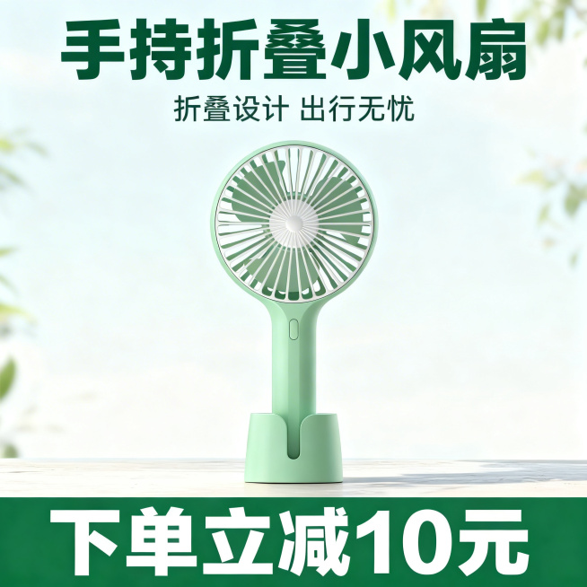 [主图 1] 夏日户外出行手持小风扇首图
[氛围风格] 清新夏日风格，明亮通透，清爽自然
[画面元素] 商业摄影质感、光线柔和通透、产品清晰真实、画面干净高级。浅绿色手持折叠小风扇居中放大放置，产品外预览效果