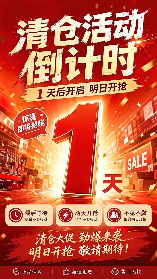 写实商业促销海报，清仓活动倒计时主题，主标题"清仓活动 倒计时"，副标题"1 天后开启 明日开抢"，装饰文字"惊喜即将揭晓"，卖点标签"最后等待""明天开抢""不见不散"。整体风格为活动冲击型促销风格，红橙暖色调背景，大号数字1非常醒目突出，营造强烈的紧迫感和期待感，排版精美，文字清晰可读，画面分区清晰，安全边距充足，9:16竖版。