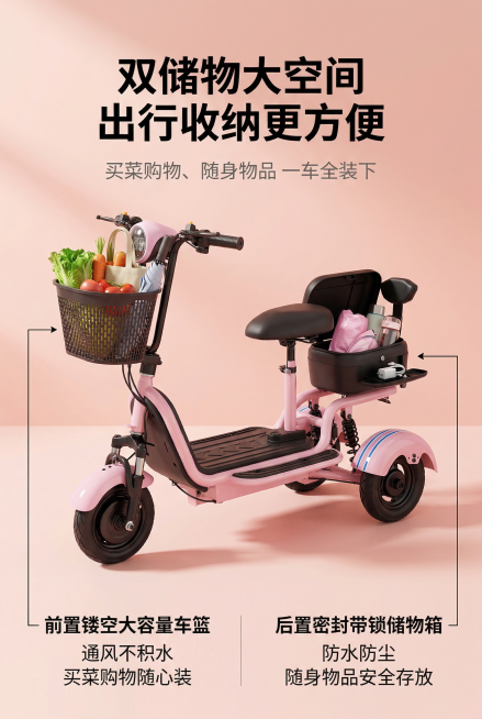 2:3竖版电商详情页储物空间卖点屏，8K超高清，写实商业摄影风格，柔和自然光，杂志级精致排版，整体风格与前屏统一。画面主体为粉色款电动三轮车侧面完整造型，采用侧面45度拍摄视角，前置车篮内放置蔬菜、手预览效果