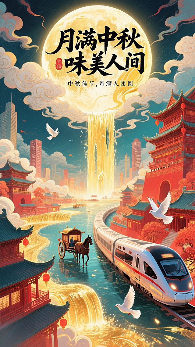 大师级排版设计，字体进行抽象变形，字体流畅且富有艺术感。创意大标题“月满中秋 味美人间”，底部精致的副标“中秋佳节，月满人团圆”。月光如金色的瀑布从圆月（占满画面2/3）上倾泻到底部的全景大地上（马车、动车分别行驶在古建筑和城市间），画面带有发光效果，白鸽飞过，整体画面充斥着华丽的金色和喜庆的红色，奇幻色彩和光影变化，具有丰富的层次感和立体感，体现繁荣昌盛喜庆氛围，梦幻的大透视