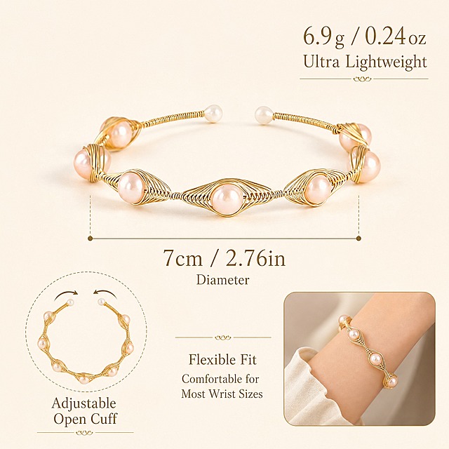 AliExpress main image 4, size and adjustable design infographic. Light cream background. Bracelet shown in center with clear dimension annotations. Horizontal dimension line below bracelet marked '7cm / 2.76in' diameter. Weight label at top right '6.9g / 0.24oz Ultra Lightweight'. On left side, small illustration showing the open cuff design with arrows indicating adjustable flexibility, labeled 'Adjustable Open Cuff'. On right side, a small scene inset showing the bracelet on a wrist to demonstrate fit. Elegant thin serif font, dark champagne gold text color. Clean minimalist layout with fine lines for dimension markers. Soft lighting, premium jewelry feel. 1:1 square ratio, clear measurements, readable text, professional quality.