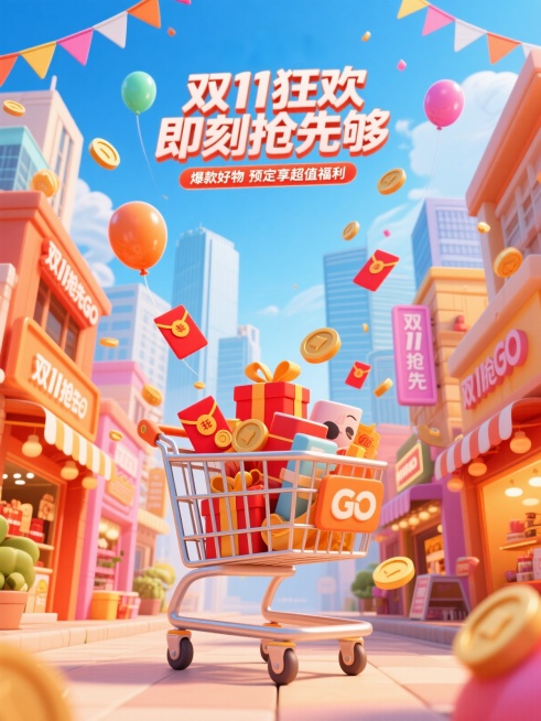 3D卡通渲染风格插画，明亮欢快的暖色调，以橙色、红色、粉色为主，搭配蓝天的清新蓝色，热烈且充满活力的氛围，细节精致且富有立体感。画面中央是一辆装满礼物、红包、金币和商品的购物车，两侧是充满烟火气的购物预览效果