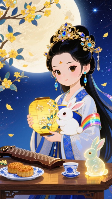 Q版古风女子着蓝白汉服，饰金玉发饰与蓝玉耳坠，长发飘，怀白兔、持暖黄花纹花灯。下有木桌，置古筝、桂花月饼瓷盘、蓝白茶杯及发光玉兔摆件。深蓝星空悬带光晕满月，桂枝黄花飘落，深蓝暖黄调，酿中秋温馨浪漫。预览效果