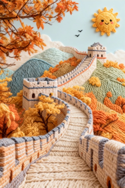 这是一幅以长城为主题的创意艺术作品，用毛线编织（或模拟毛线质感）的形式呈现。长城、山峦、云朵等元素都由不同颜色毛线构成，色彩柔和，营造出温暖、童趣的氛围，将传统建筑与手工艺术结合，赋予长城软萌、治愈的预览效果