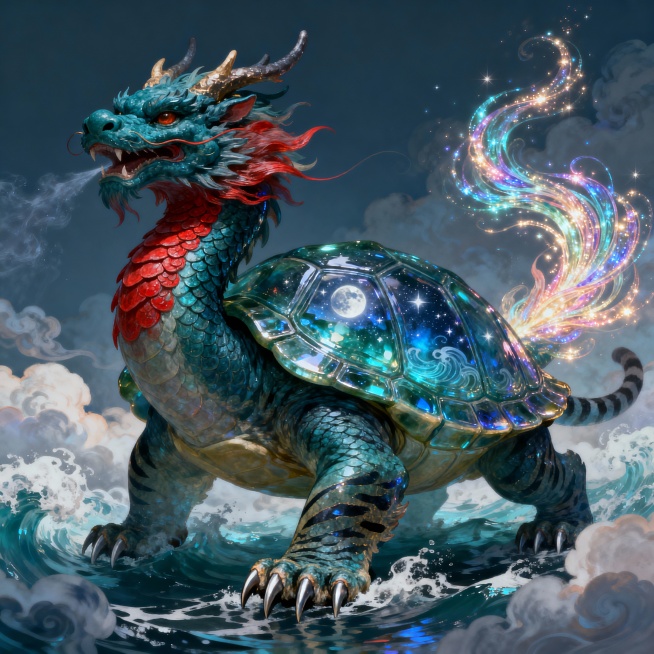 一只状如巨鼋的神兽，生有威严的龙首，通体呈现深邃的玄青色，背甲并非坚硬的外壳，而是由万顷波光凝聚而成的琉璃质地，能够清晰映照出星月流转的景象，颈侧生长着腮状的赤色鳞片，呼吸时发出如同潮汐般的声响，四足预览效果