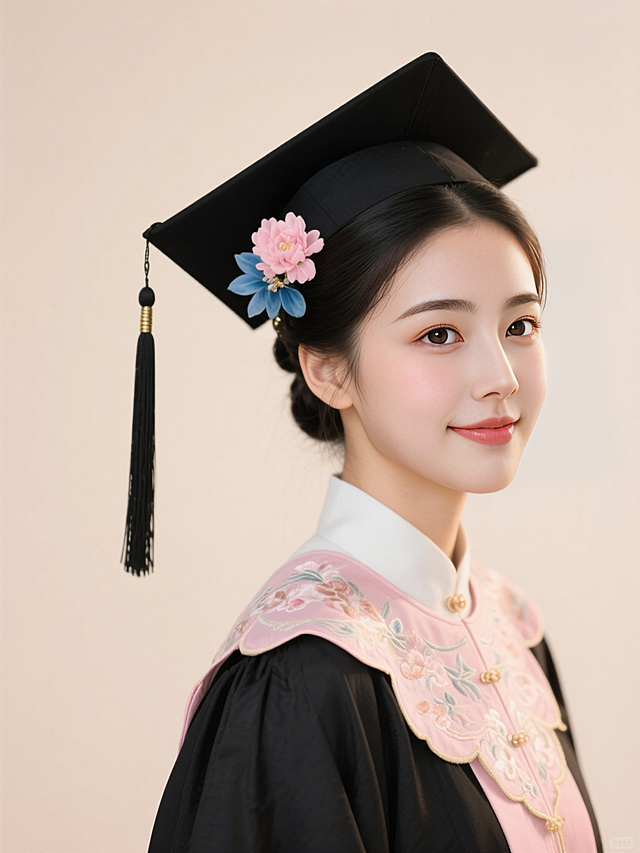 正面照，黑色古风垂挂髻，穿戴学士服学士帽，戴淡粉色刺绣云肩，学士帽旁边簪了粉蓝色的花，背景浅色，暖光