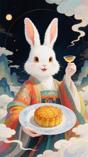 正视角，拟人化仙兔上半身近景特写，右手拿着巨大的盘子伸向前面，里面有月饼，左手举着酒杯，人物看向前方，强烈的仰视透视感，广角镜头，背景是深色夜空背景预览效果