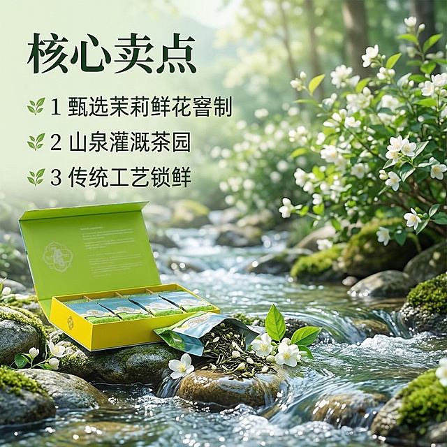 [垫图] https://gdesign-dam-hz.dancf.com/35864286407283782/6fe8e0e7280b4e51b573cf99a9dfc8b8.jpg
[主图主题] 茉研786茉莉花茶核心卖点展示
[氛围/风格] 清新自然春日风格 山间溪边场景
[画面元素] 茉研茉莉花茶礼盒放置在前景，旁边拆开一袋茶包，舒展的茉莉花茶叶散落在溪边石块上，清澈溪水冲刷着茶叶，展示茶叶自然新鲜的品质，背景是朦胧的春日山林，整体光影柔和透气，背景全屏无边框
[配色色系] 主色调：自然青绿 溪水蓝；辅助色：礼盒明黄 茉莉白
[视角构图] 平视浅景深 突出茶叶细节
[文字版式] 主文案 " 核心卖点 " 大号字，三个卖点 " 1 甄选茉莉鲜花窨制  2 山泉灌溉茶园  3 传统工艺锁鲜 " 竖排排列，每一个卖点配一个极小的绿叶图标，文字为深绿色，左侧排列，不遮挡主体产品，简约干净