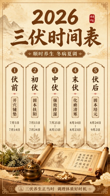 2026年三伏时间表中医宣传海报，传统国风宣纸背景，主标题“2026三伏时间表”，副标题“顺时养生 冬病夏调”，五个时段用竖排卡片清晰展示：1.伏前 开穴铺垫 7月5日-7月14日，2.初伏 固本扶阳预览效果
