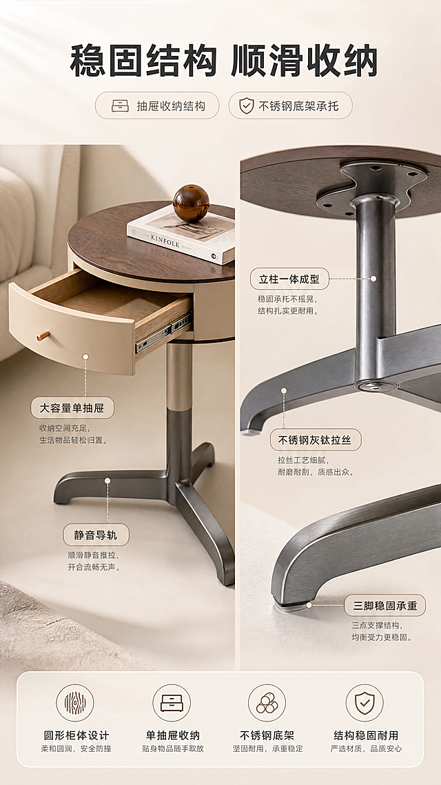 [商品] 使用【图1】DL-8830圆形床头柜；保留圆形柜体、单抽屉、铜色拉手、不锈钢灰钛拉丝立柱与三脚底架；商品处理：抽屉半开状态展示内部空间与导轨结构，底架角度凸显不锈钢拉丝工艺，不改变产品结构和颜色。
[画面] 目标：结构框架解析，展示抽屉收纳结构与不锈钢底架稳固承托。构图：左右分栏，左侧约1/2为抽屉半开侧视角度，右侧约1/2为底架仰视特写+结构说明；产品主体占画面60%；景别：中景+局部特写结合，左侧抽屉整体，右侧底架微距；阅读动线从左抽屉结构向右浏览底架细节。场景：极简影棚，浅米白渐变背景，柔和侧光突出金属拉丝纹理与抽屉内部结构。
[视觉] 套系策略：风格=轻奢现代家居商业摄影；标题字=现代无衬线粗体中文；正文字=简洁无衬线体；主色=暖米白+胡桃木棕；背景延展=基于暖米白做深浅层级、同色渐变和细腻墙面/织物质感；强调色=浅灰钛金属色，仅用于小面积图标、引线和标签；标题色=深炭灰；正文色=中暖灰；组件=圆角浅底信息卡、细线引线、胶囊卖点框；光影=左前侧暖柔光，自然光为主，产品受光均匀，金属底架有柔和高光反射。
[文字] 顶部通栏主标题「稳固结构 顺滑收纳」（8字）；左侧抽屉旁引线标注「大容量单抽屉」「静音导轨」；右侧底架旁引线标注「不锈钢灰钛拉丝」「三脚稳固承重」「立柱一体成型」；文字横排，手机端清晰可读。
[规格] 图片比例9:16竖版，4K分辨率，淘宝/天猫详情页适配，简体中文；避免变形、错字、文字过小、冷蓝/蓝灰背景、产品结构改变、颜色失真、极限词。