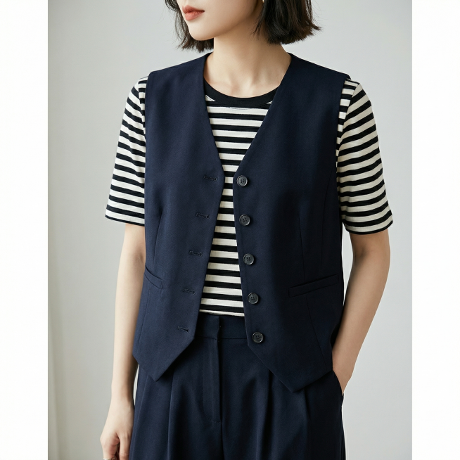 [主图 2] 女士休闲套装上半身细节展示图
[氛围风格] 休闲极简风格，高级松弛感，简约干净。
[画面元素] 商业摄影质感，光线柔和通透，产品清晰真实、画面干净高级。同一位亚洲女性模特，保留原图模特身预览效果