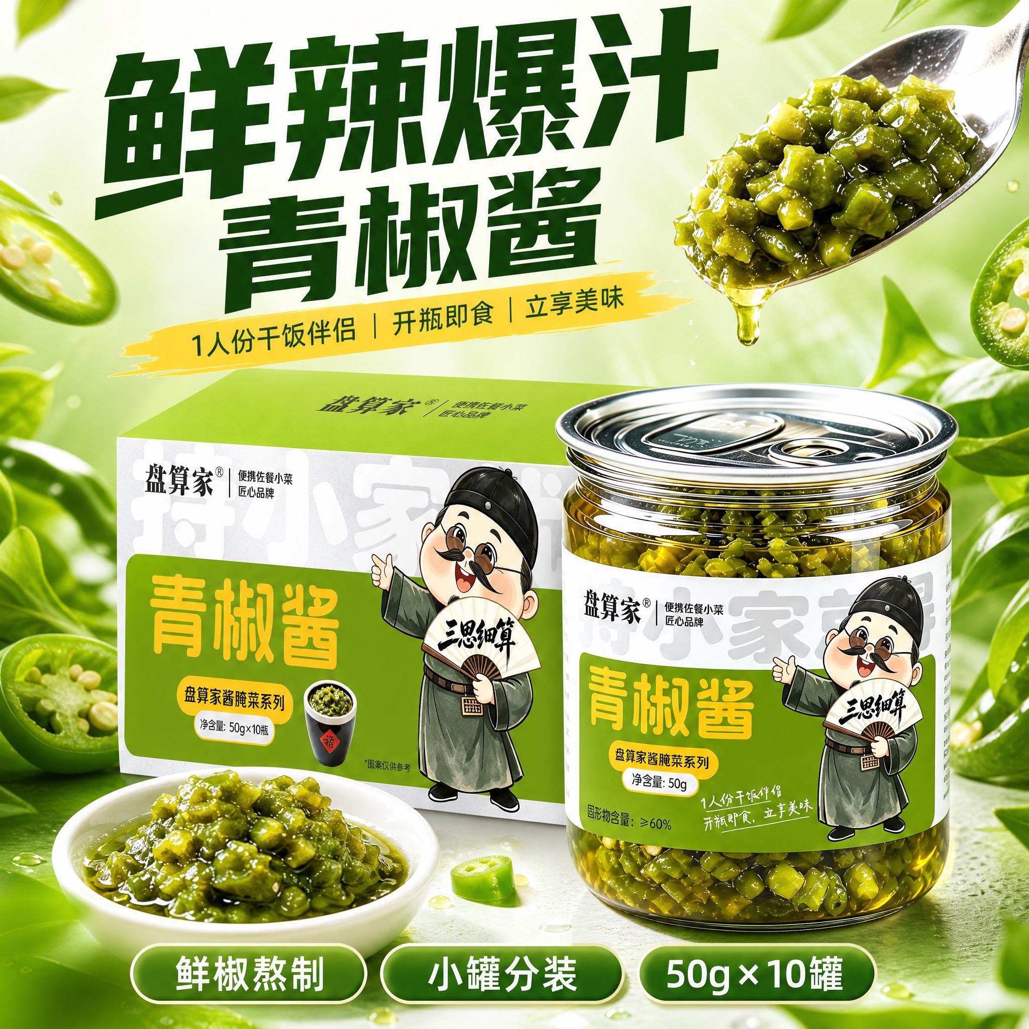 抖音电商主图第1张，正方形1:1，盘算家青椒酱。年轻化设计风格… - 图片创意预览