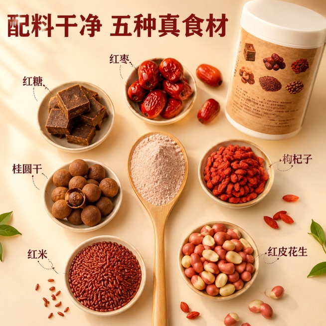 [主图-2] 五红粉核心原料展示图，突出五种天然红色食材卖点。[氛围风格] 暖调写实风格，突出食材新鲜度。[画质] 商业摄影质感、光线柔和通透、产品清晰真实、画面干净高级。[元素] 平铺展示所有原料：预览效果