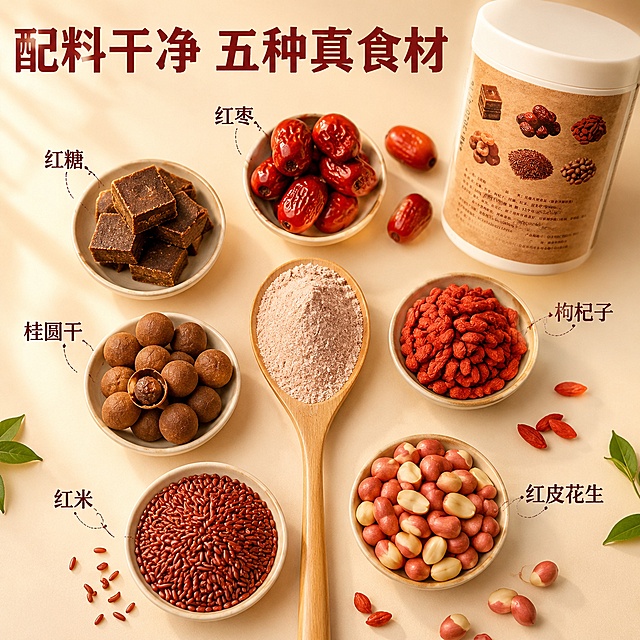 [主图-2] 五红粉核心原料展示图，突出五种天然红色食材卖点。[氛围风格] 暖调写实风格，突出食材新鲜度。[画质] 商业摄影质感、光线柔和通透、产品清晰真实、画面干净高级。[元素] 平铺展示所有原料：红糖块、红枣、枸杞子、桂圆干、红米、红皮花生，每种食材分类摆放，中心放置一勺五红粉，周围环绕新鲜完整原料。罐装五红粉产品放置画面角落作为品牌标识，保持产品外观与原图一致。商品主体占比约75%，画面满屏无边框，背景为浅暖米色。[光影] 自然暖阳逆光，突出食材纹理和通透质感，光泽自然不生硬。[配色] 整体暖调，各类红色食材自然配色，浅米背景。[视角构图] 俯视平铺构图，食材清晰分布，视觉层次分明。[文字版式] 顶部主文案大字“配料干净 五种真食材”红棕色粗体，下方每个食材旁标注对应名称，字体清晰小巧，不遮挡食材。[输出要求] 1:1 比例，文字清晰可辨，超高清商业摄影质感。[负向提示词] 变形，文字错乱，产品图模糊，背景杂乱，水印，电商平台Logo，功效暗示，名牌名称。