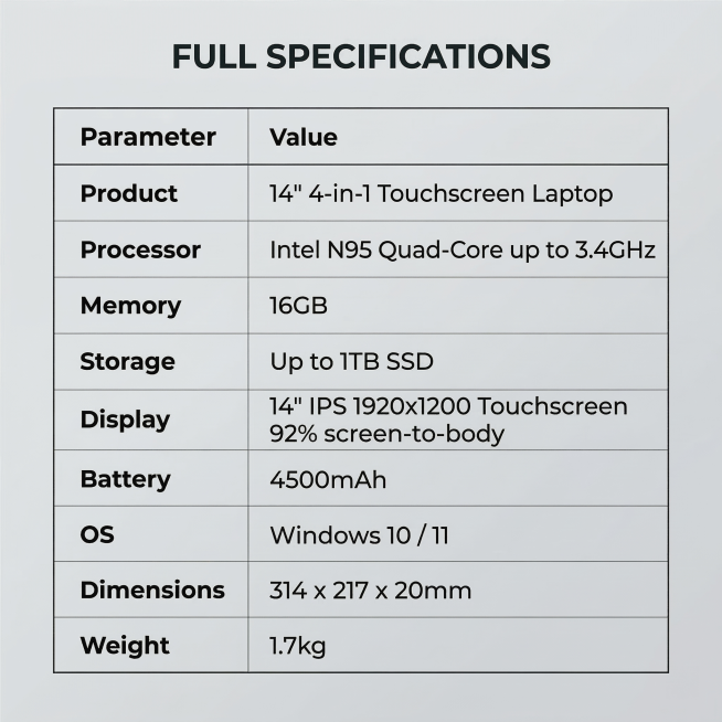 Display complete product specifications for the 14-inch Studio laptop. Background is clean light gra预览效果