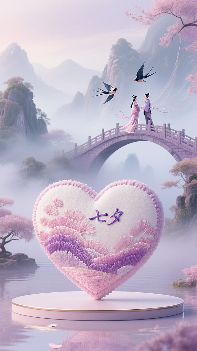 梦幻古典插画风，浪漫中式刺绣心形，七夕佳节情意绵绵。