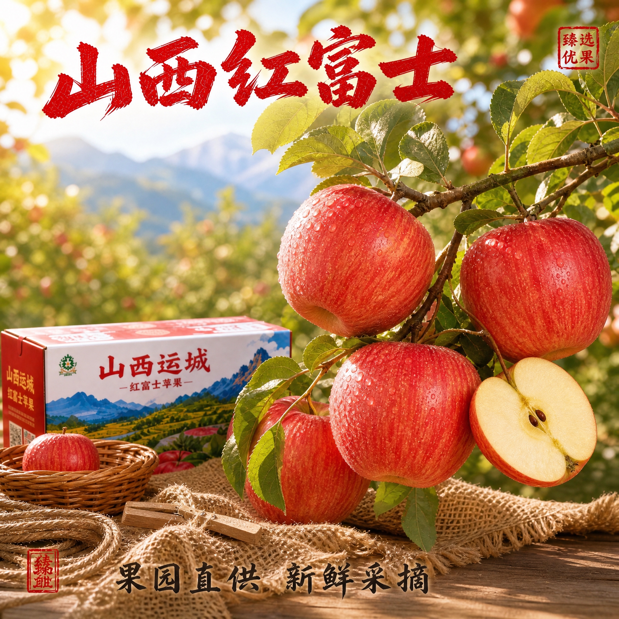 果园枝头风格电商主图海报，突出产地新鲜。画面顶部有赤红色手写毛… - 图片创意预览