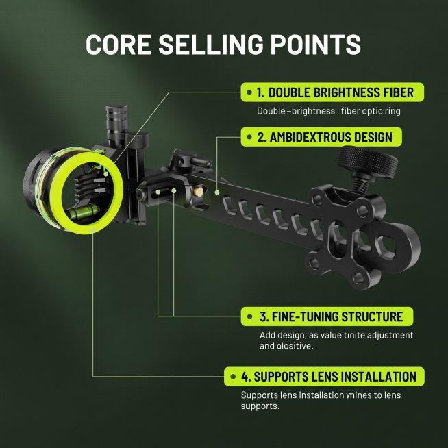 [主图 2] Core selling points presentation page for compound bow sight. [Atmosphere/style] Industrial o预览效果