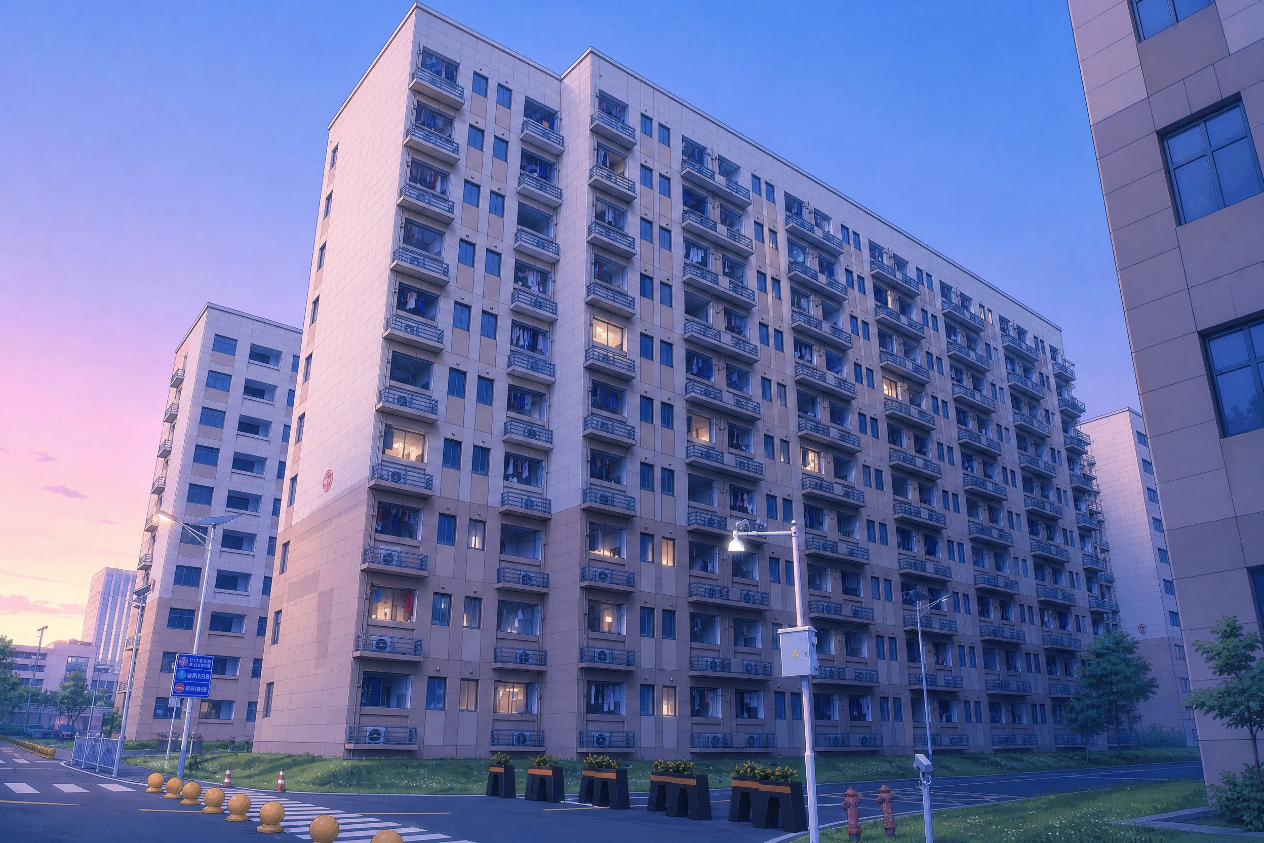 将这张宿舍楼照片转换为动漫风格画面，夏天早晨5点多天刚蒙蒙亮的… - 图片创意预览