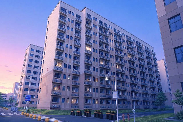 将这张宿舍楼照片转换为动漫风格画面，夏天早晨5点多天刚蒙蒙亮的氛围，天空呈淡蓝色与粉紫色渐变的破晓色调，光线柔和清冷，云层稀少几乎无云，保留建筑的整体结构和布局，日系二次元动漫画风，色彩清新通透，画面细腻，清晨宁静的氛围感