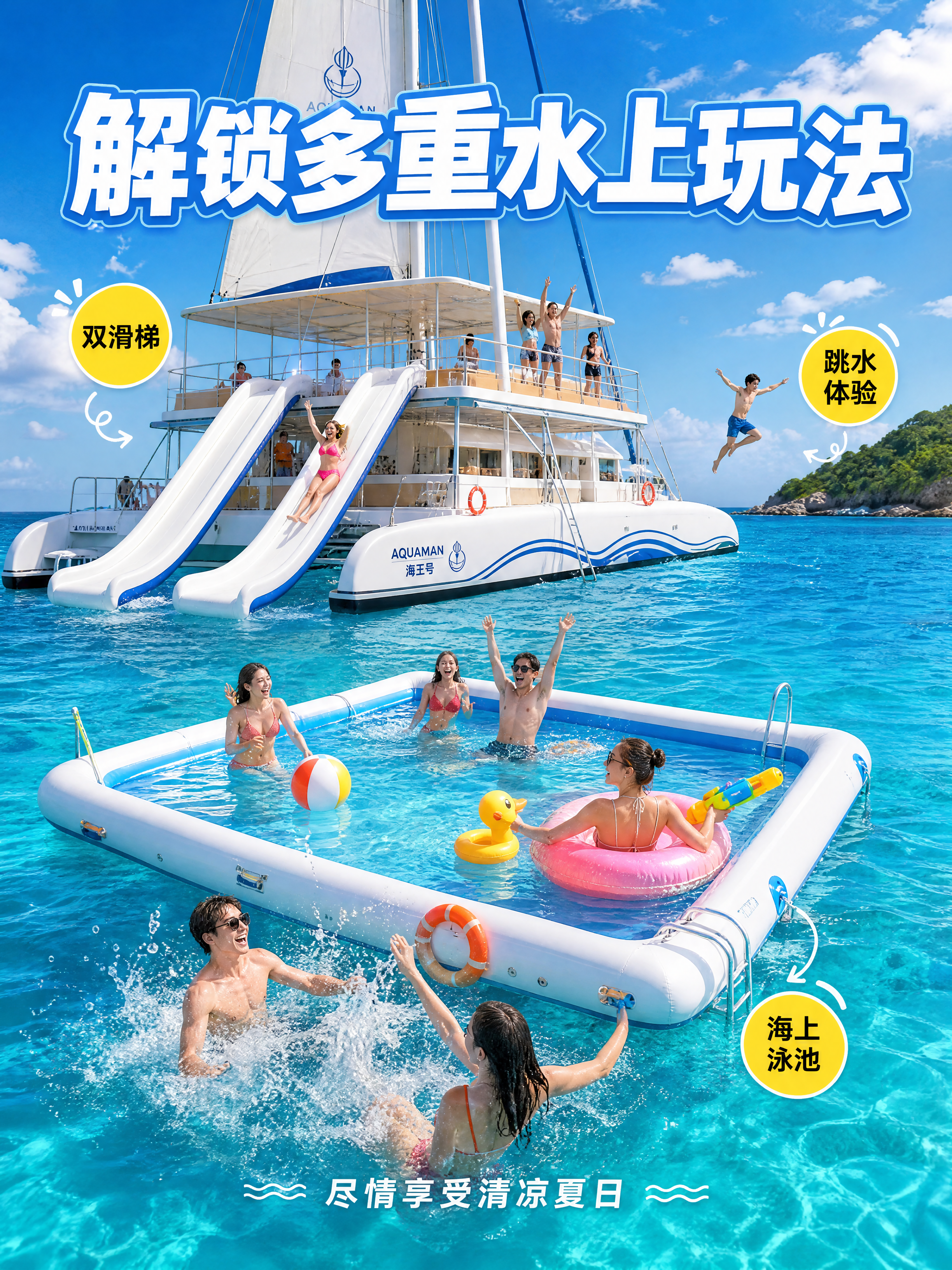 [第3屏] 水上玩法展示-双滑梯+海上泳池+跳水体验。本屏使用… - 图片创意预览