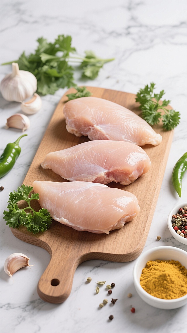 三块新鲜的生鸡胸肉整齐地摆放在木质砧板上，肉质呈现自然的粉嫩色泽且富有光泽，砧板周围散落着绿色的欧芹叶、完整的蒜瓣、青辣椒、各种香料颗粒以及装着黄色粉末的小碗，整体采用俯拍构图，以带有纹理的浅灰色大理石台面为背景，光线明亮柔和，营造出清新自然的烹饪食材展示氛围，突出食材的新鲜质感和细节。