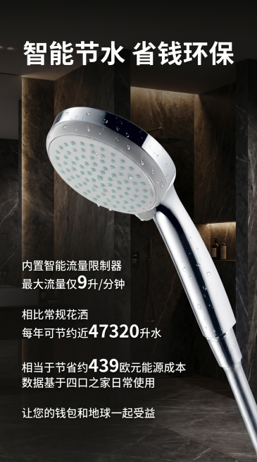 电商详情竖版主图，9:16尺寸，黑色系浴室背景，参考image2的排版风格，顶部主标题，中部产品展示，底部文案说明。使用image1的亮银色花洒产品，保持产品外观（物理结构、材质质感、喷孔布局、手柄轮预览效果