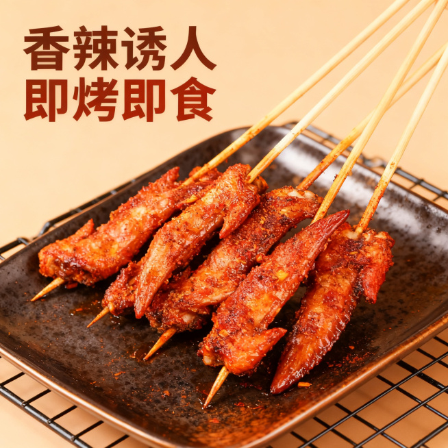 烤好的小翅尖串放在烤架餐盘上，淡棕色高级食欲场景，添加文案"香辣诱人 即烤即食"，风格高级诱人，适配淘宝平台预览效果