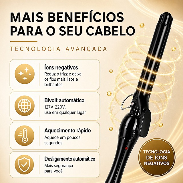 Página de benefícios e tecnologia estilo premium, fundo com gradiente bege claro muito suave e branco (tons creme/off-white quentes), com ondas suaves de luz dourada, estilo do fundo igual ao da imagem de referência do modelador com suporte. Título no topo: "MAIS BENEFÍCIOS PARA O SEU CABELO" em preto com subtítulo "TECNOLOGIA AVANÇADA" em dourado e linha dourada fina abaixo. Modelador de cachos preto de barril fino no lado direito, com efeito visual de partículas de íons douradas brilhantes em espirais ao redor do barril (substituindo as partículas roxas). Selo circular dourado escuro no canto inferior direito do produto: "TECNOLOGIA DE ÍONS NEGATIVOS". No lado esquerdo, 4 cards de benefício com fundo branco e borda dourada fina, cantos arredondados, cada um com ícone dourado circular e texto em português: 1) Íons negativos - ícone de brilho + "Reduz o frizz e deixa os fios mais lisos e brilhantes"; 2) Bivolt automático - ícone de globo + "127V 220V, use em qualquer lugar"; 3) Aquecimento rápido - ícone de termômetro + "Aquece em poucos segundos"; 4) Desligamento automático - ícone de escudo + "Mais segurança para você". Iluminação suave e quente, atmosfera elegante e luxuosa. Estilo premium de beleza, proporção 1:1, 4K