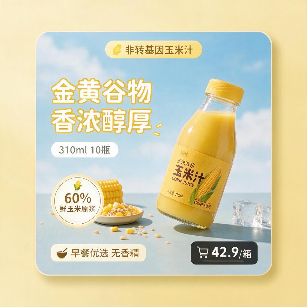 方形电商商业产品海报，玉米浓浆快消饮品宣传，整体调性清新明快、… - 图片创意预览