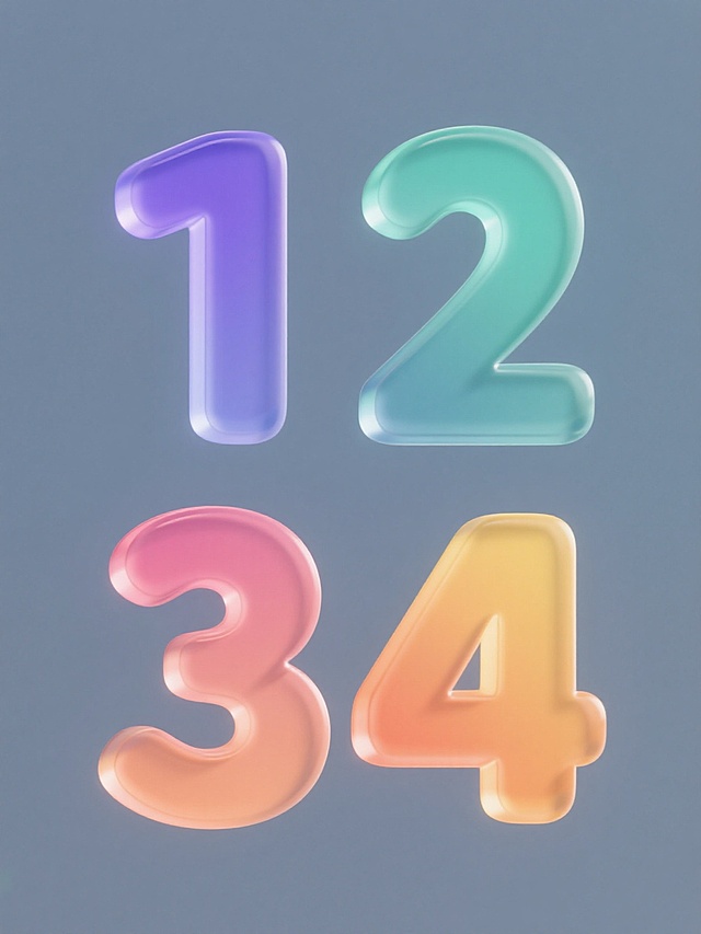 一组四个不同纯色背景的3D玻璃质感数字设计，保持通透渐变玻璃材质、柔和高光与阴影、低饱和度渐变背景的视觉风格，每个数字（1、2、3、4）分别采用蓝紫渐变、青绿渐变、橙粉渐变、黄橙渐变配色，元素类目统一为阿拉伯数字，规整排布成系列素材集合，无文字和二维码。
