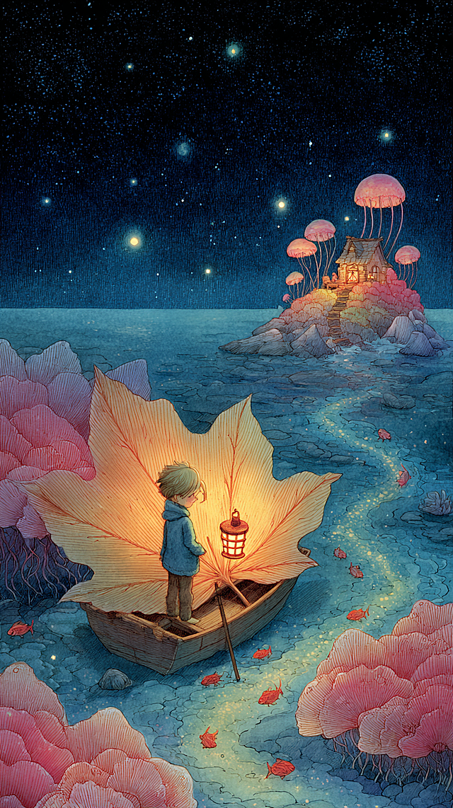 A whimsical children's book illustration, Studio Ghibli style, in gentle watercolor and colored pencil textures. A little child sails a giant maple leaf boat on a sea of glowing, translucent jellyfish under a starry night sky. The boat's lantern holds a small, warm orange goldfish. A winding path of glowing bioluminescent fish leads the way to a distant candy-colored island with cozy cottage. The scene is filled with a sense of safe adventure, wonder, and homecoming. Soft, dreamy lighting, pastel color palette, highly detailed, charming and heartwarming.