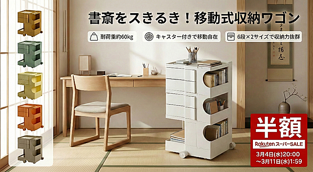 删除画面左侧的黑色收纳推车，将右下角的价格区域替换为“半額 Rakuten スーパーSALE 3月4日(水)20:00 ～3月11日(水)1:59”