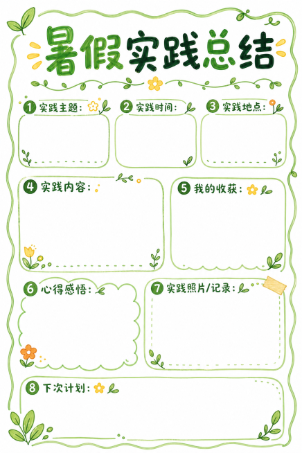 暑假实践手册内页，尺寸A4 210*297mm，白底马克笔手绘风格，总结页面，参照参考图片中的粽子做法手抄报的马克笔手绘风格进行创作，整体为白底，手绘波浪形边框，绿色叶子装饰元素，马克笔上色预览效果