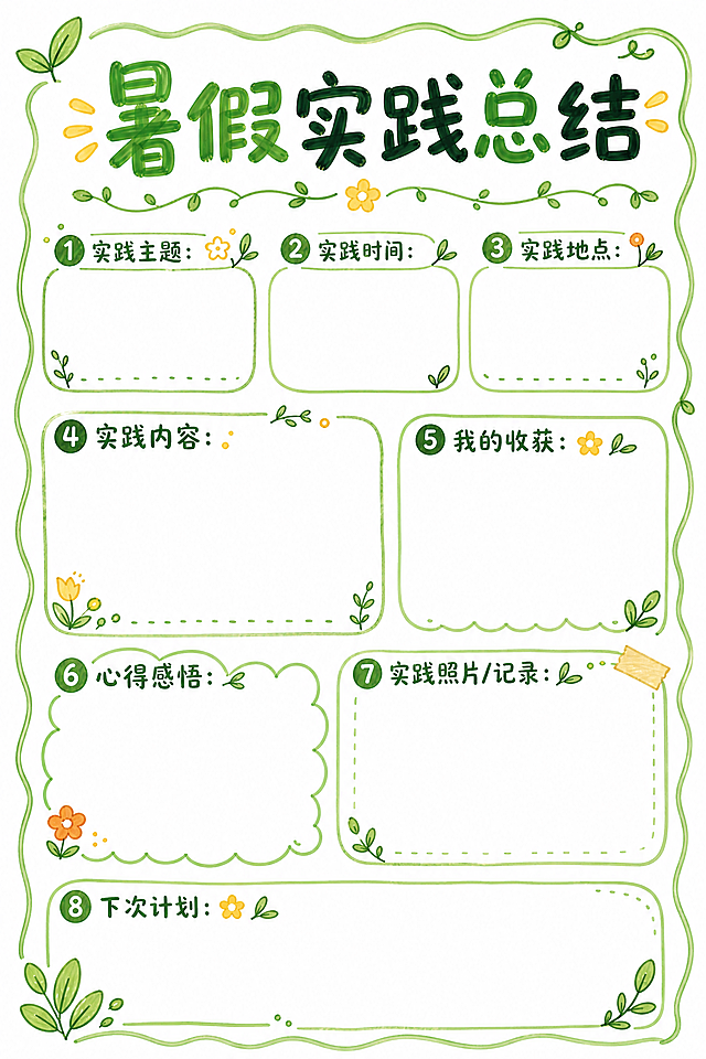 暑假实践手册内页，尺寸A4 210*297mm，白底马克笔手绘风格，总结页面，参照参考图片中的粽子做法手抄报的马克笔手绘风格进行创作，整体为白底，手绘波浪形边框，绿色叶子装饰元素，马克笔上色