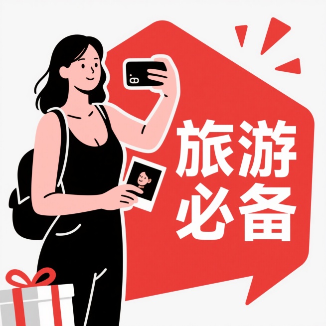 一个平面设计风格的促销标签，以纯净的白色为背景，左侧有一个时髦女性旅游者举着手机拍照的图案，时髦女性拿着右手手机拍照、左手拿着照片，右侧是一个红色的不规则多边形横幅，横幅内部用白色大写无衬线字体写着“预览效果