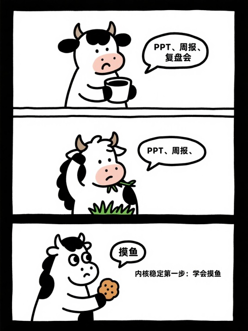 画面：小牛耷拉着耳朵，黑眼圈明显，端着咖啡叹气；小马嚼着草一脸嫌弃地打量它​
台词：​
小马：“牛哥你放轻松点啊。”​
小牛委屈地说：“我现在闻见咖啡味就条件反射想写周报，这病还有救吗？”​
分镜 2预览效果