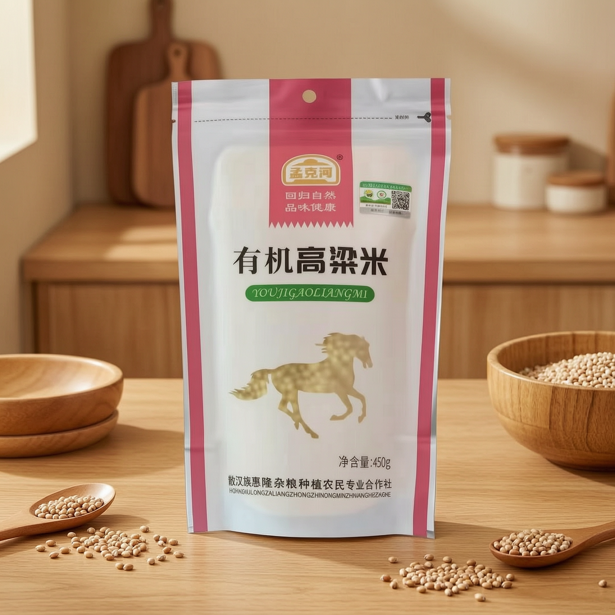 为这袋有机高粱米产品更换背景，背景为原木质感的厨房餐桌场景，搭… - 图片创意预览