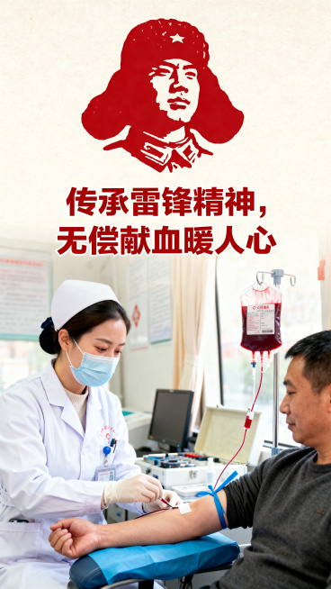 公益宣传海报，主题传承雷锋精神，倡导无偿献血，温暖红色调，文字宣传标语设计，积极奉献的公益风格，竖版排版预览效果