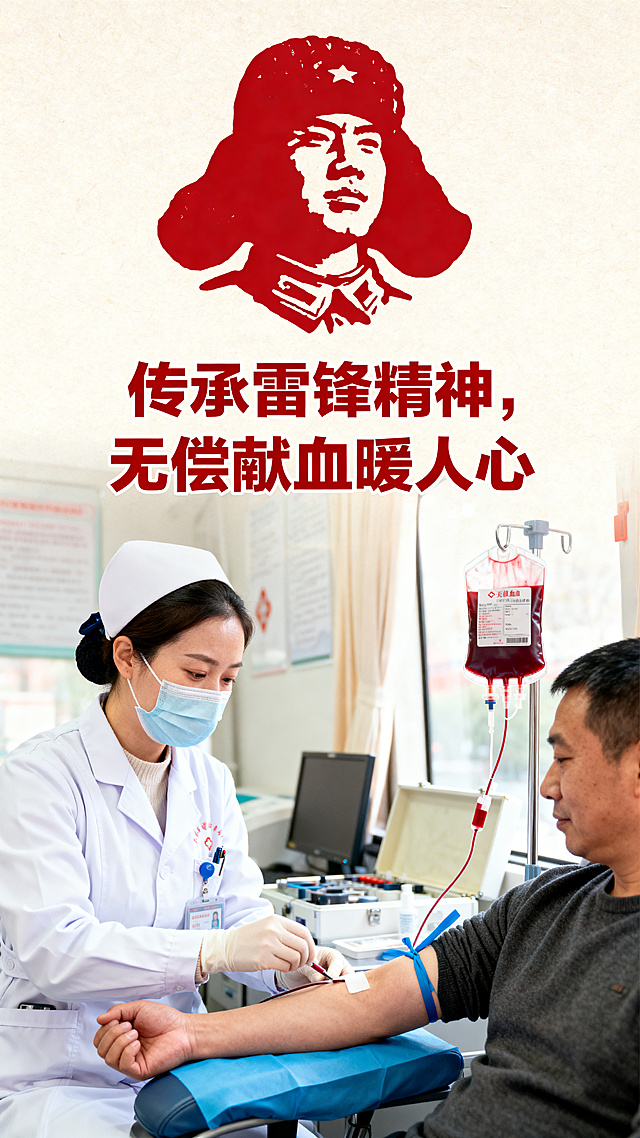 公益宣传海报，主题传承雷锋精神，倡导无偿献血，温暖红色调，文字宣传标语设计，积极奉献的公益风格，竖版排版