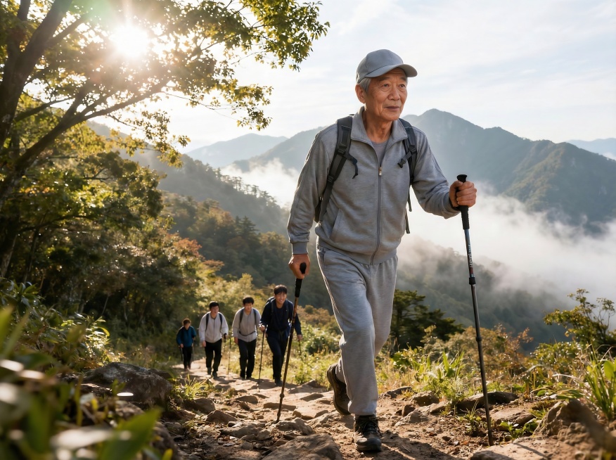 自然背景，男性60左右，着运动服，持登山杖，正与同伴登山，远镜头，图片尺寸2000*1000预览效果