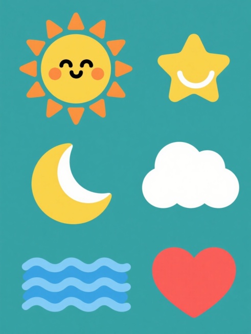 一套6张系列素材集合，每张均为规整排布的单一元素图案，整体造型简约现代，纯色背景。元素包含：黄色圆形太阳，周围有12个大小不一的橙色放射状短三角形光芒，面部有黑色弯月形眼睛和微笑弧线，脸颊两侧有橙色圆形腮红；黄色五角星，边缘圆润，中心有白色高光；黄色弯月，边缘柔和，内侧有白色月牙形高光；白色云朵，边缘蓬松呈波浪状；蓝色海浪，由三层弯曲的波浪线组成，呈现流动感；红色爱心，线条圆润饱满。所有元素均……预览效果
