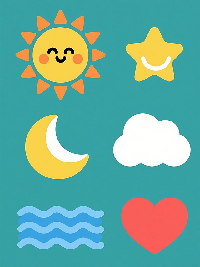 一套6张系列素材集合，每张均为规整排布的单一元素图案，整体造型简约现代，纯色背景。元素包含：黄色圆形太阳，周围有12个大小不一的橙色放射状短三角形光芒，面部有黑色弯月形眼睛和微笑弧线，脸颊两侧有橙色圆形腮红；黄色五角星，边缘圆润，中心有白色高光；黄色弯月，边缘柔和，内侧有白色月牙形高光；白色云朵，边缘蓬松呈波浪状；蓝色海浪，由三层弯曲的波浪线组成，呈现流动感；红色爱心，线条圆润饱满。所有元素均采用平滑的矢量风格，色彩鲜明纯净，无渐变和复杂纹理，保持一致的可爱卡通风格和简洁设计感。